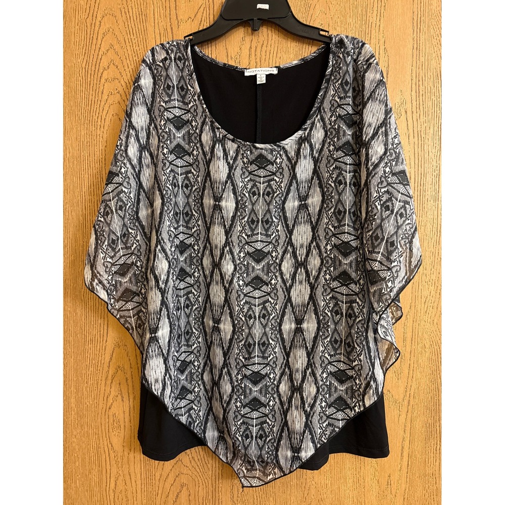 Notations Womens Black White Geometric Poncho Layered Top Large Flowy Soft
